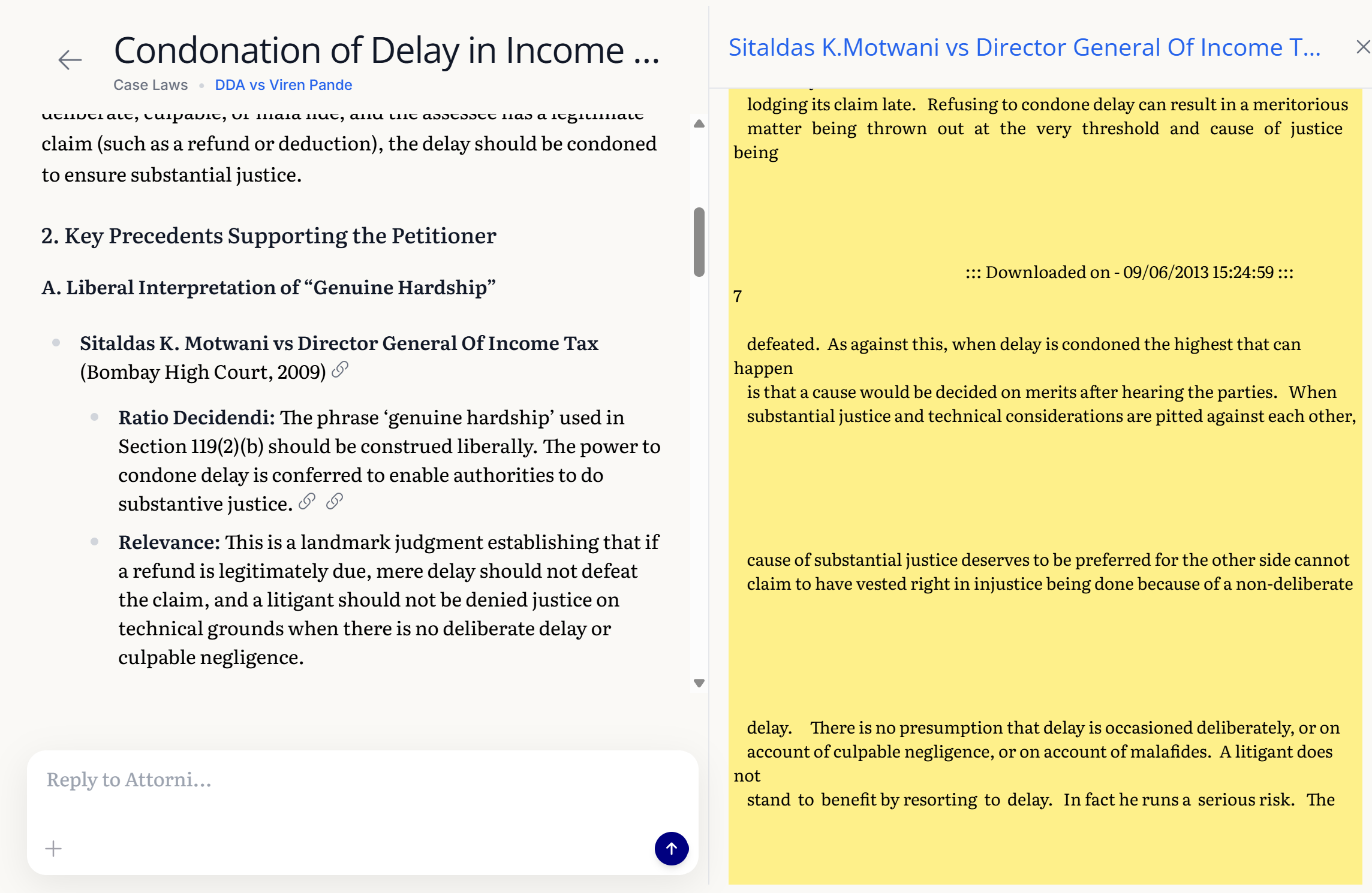 Attorni interface showing a legal document with analysis and reply field